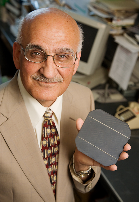 Munir Nayfeh, professor physics. With solar cell prototype.
